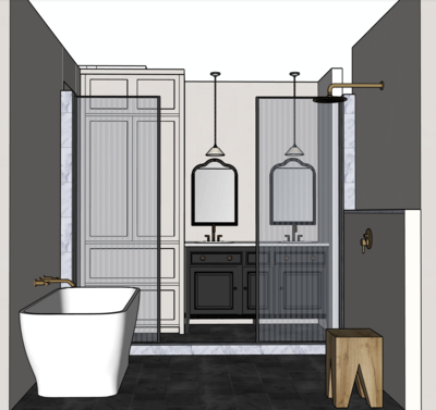 A 3D bathroom rendering by Jessa Myer Interiors.