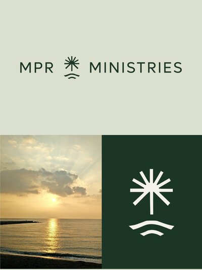 Brand application for MPR Ministries featuring the logo icon over a sunset beach photo and dark green background, reflecting calm, faith, and renewal.