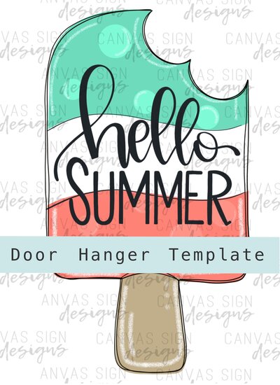 Hello summer hand lettered on teal, white, and pink popsicle graphic art SVG file