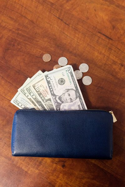Wallet next to bills and coins