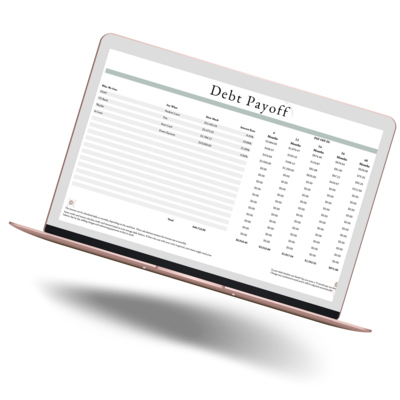 Laptop showing a sample of the debt payoff spreadsheet