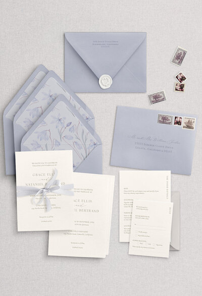 Sky Blue periwinkle modern letterpress wedding invitation at Casa Cielo Vinyards, Camarillo California