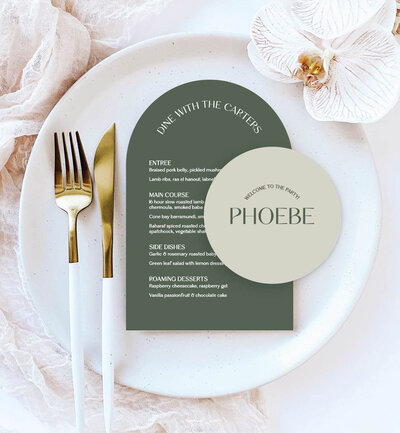 Arch menu with round place card in Como design, greenery colours