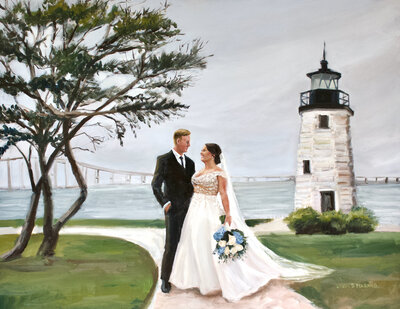 Wedding painting of bride and groom near newport lighthouse