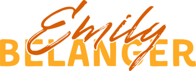 Emily in orange script font and Belanger in bold yellow font