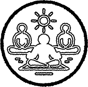 An icon depicting three individuals in a meditation posture below a sun.