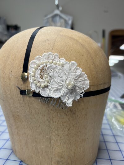 vintage heirloom bridal lace restyled into small hairpiece
