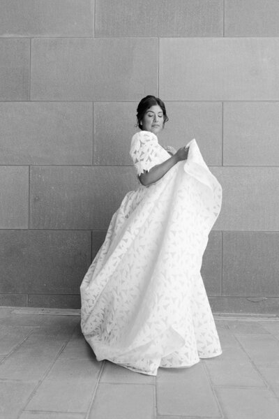 Black and white editorial-style bridal portrait captured in San Antonio, highlighting timeless elegance and fine art wedding photography with luxury composition and soft natural light.
