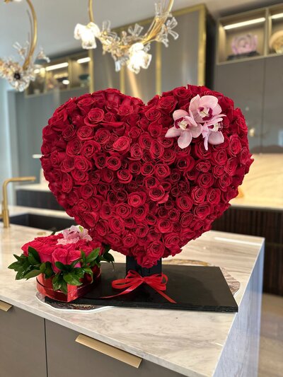 Large red heart floral arrangement