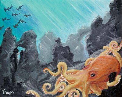 Painting of an ocotpus hiding among the rocks as a shiver of hammerhead sharks swims overhead
