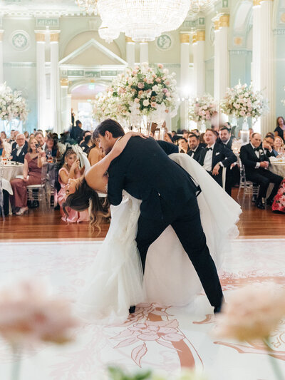 A couple dancing at their reception in the Biltmore Ballrooms