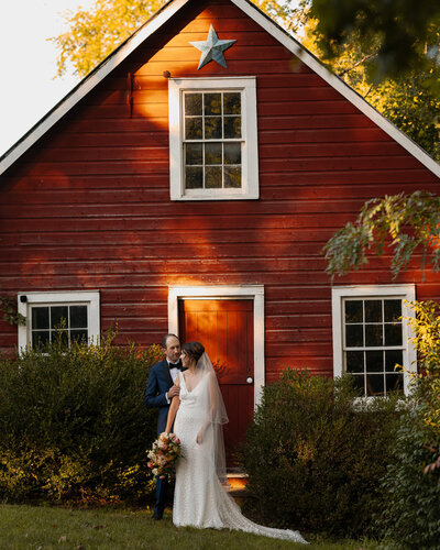 Golden hour portraits of the bride and groom at June Farms Wedding Barn.