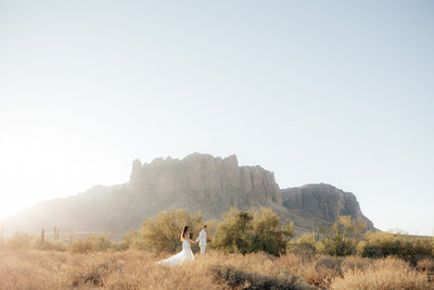 Lost Dutchman State Park Elopement Arizona Wedding Photographer and Videographer Couple Holding Hands Walking