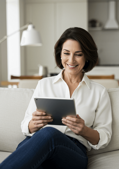 A woman in a white blouse and jeans sits on a sofa, smiling while reading a digital magazine on a tablet.