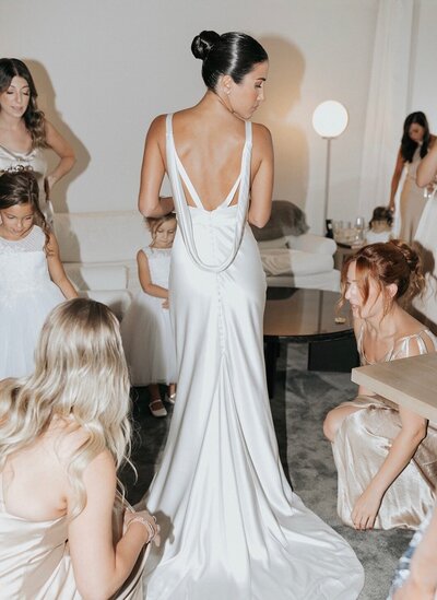 Bride's dress from the back with her bridesmaids