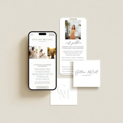 A smartphone and three cards featuring "Gillian McColl Photography" branding, showcasing portrait and lifestyle photography services, along with the photographer's signature, contact details, crafted by expert website design services for small business.