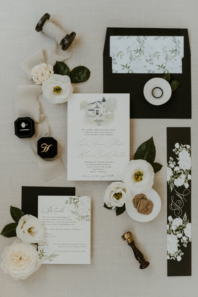 black and white wedding invitations with flowers
