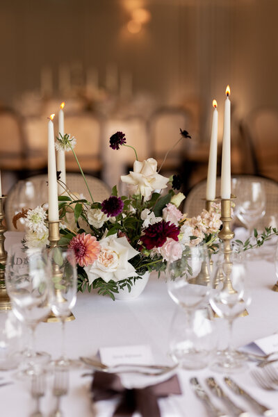 Florals for wedding breakfast in Kilvert Hall, Kin House