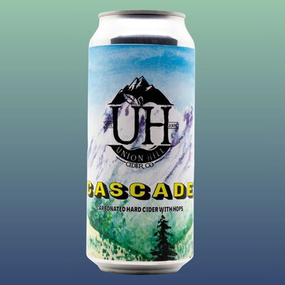 A can of Union Hill Hard Cider. The label is a watercolor painting of the beautiful Cascade Mountains with some evergreen trees along the bottom.