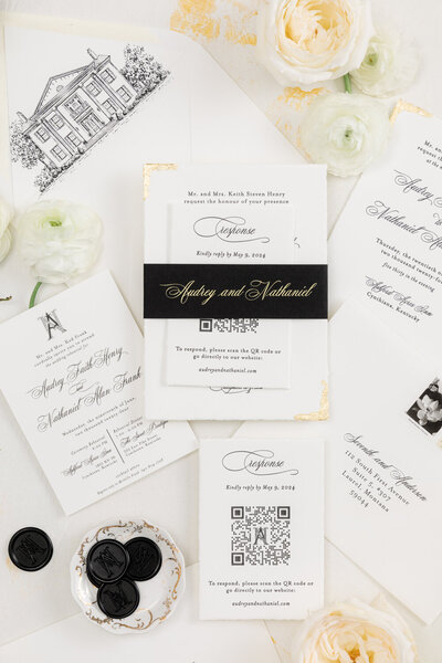 Sophisticated letterpress wedding invitation suite featuring custom illustration of Ashford Acres Inn, Cynthiana, KY as envelope liner with luxurious gold leaf detailing.