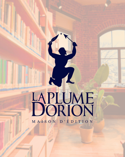 Maquette créée par Fenicia Studio pour l'identité visuelle d'une maison d'édition. Elle représente le logo sur fond d'une bibliothèque aux couleurs de l'univers graphique.