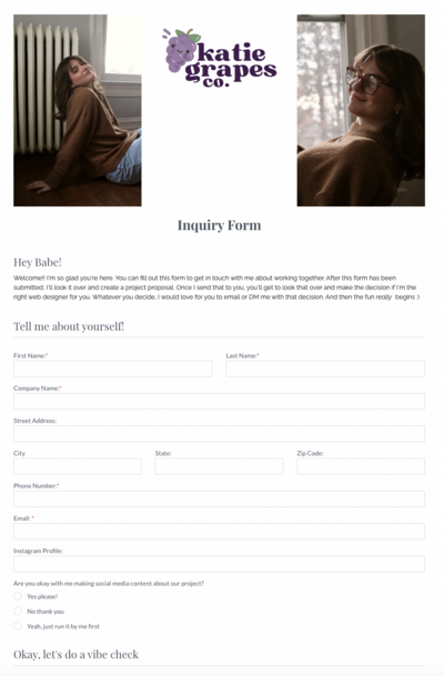 Inquiry form with photos and text on it