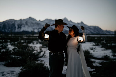 Blue Hour Lantern, White Dress Grand Teton National Park Elopement