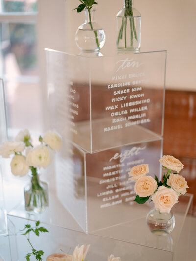 Seating chart on acrylic cubes for wedding at Lion Rock Farm in Connecticut