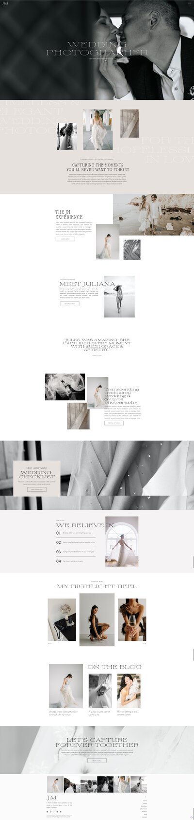 Full-length image of a wedding photography service website. Features images of a bride, wedding gowns, and couples, along with text detailing the photography services offered, complemented by professional Showit-template-customization for an enhanced user experience.