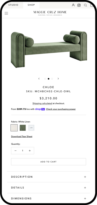 iPhone mockup of Maggie Cruz Home Chloe Bench Product page featuring a velvet green upholstered bench