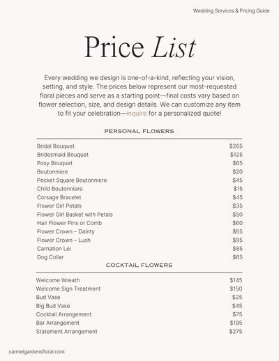 Carmel Gardens wedding floral price list