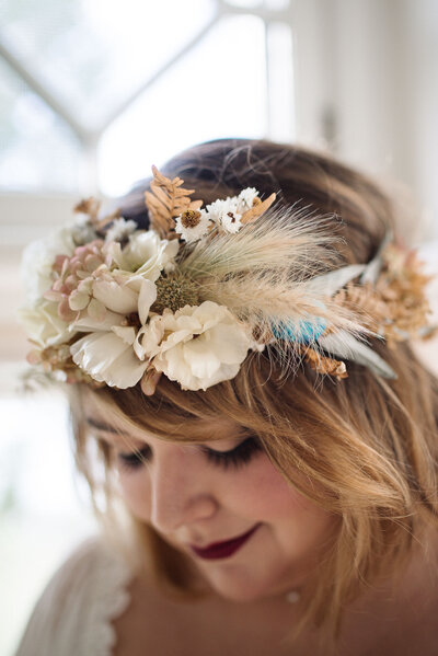 Romantic floral crown by Blossoming Bough at Historic Shelburne Farms wedding