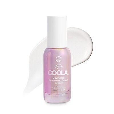 Coola Glow SPF bottle in soft purple with white cap FSA-eligible lightweight sunscreen that keeps skin dewy, fresh, and protected.  