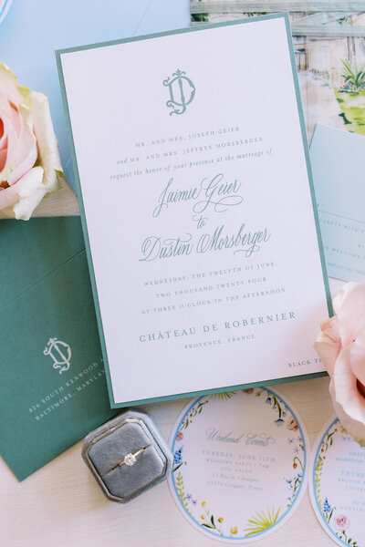 Light and airy wedding invitation suite with custom calligraphy