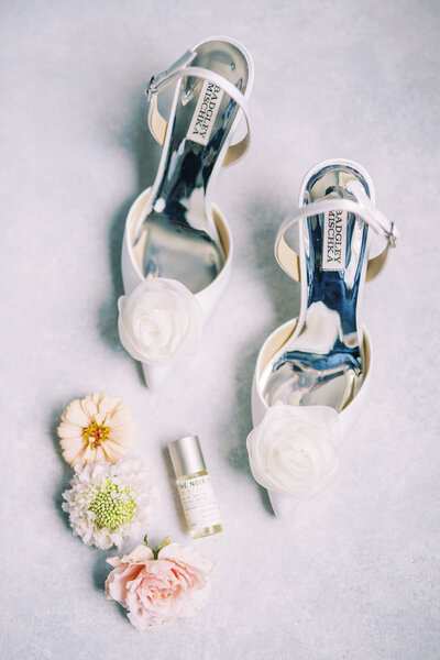 Bride's heels flatlay at Glen Foerd Estate in Philadelphia, PA