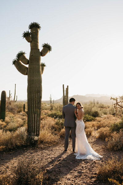 newlyweds  stand next to cactus