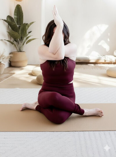 woman sitting in eagle pose