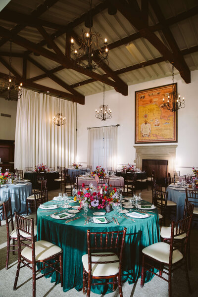 Wedding reception at Bel Air Bay Club with velvet table linens