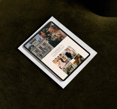 A tablet displaying a wedding photo collage rests on top of a closed white envelope on a dark brown surface—perfect for showcasing email marketing for photographers.