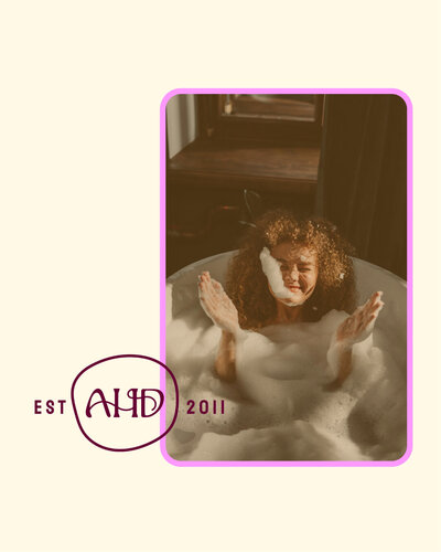 ad mockup for asheville hair design a woman in a bathtub having fun with bubble and one of the secondary logos