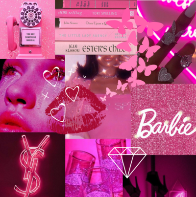 Hot pink graphic collage with hearts, diamonds and butterflies