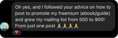 Screenshots showing client success stories from Jenna Harding’s marketing programs