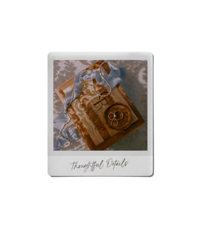 Polaroid picture of wedding details, representing the wedding planning and coordinator services of Birdie June Events and Rentals. 
