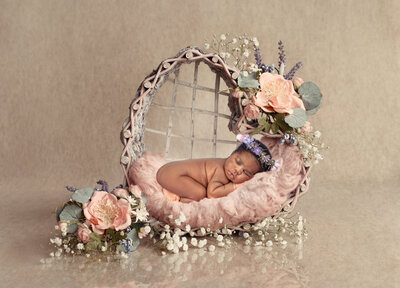 An adorable baby posed in a wicker basket for newborn photos in London, Ontario
