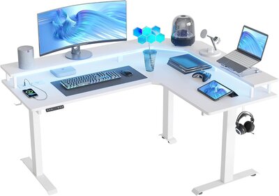 FEZIBO L Shaped Standing Desk with LED Strip and Power Outlets — a top digital branding tool for creative entrepreneurs in Dallas by Sophie K. Hunter.