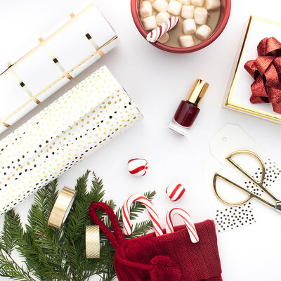 Christmas mockup with stockings, candy canes, wrapping paper and more!