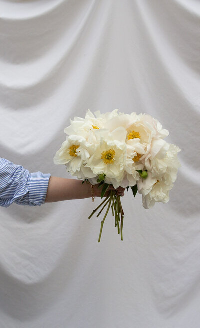 Graphic designer Bess Brownlee hold a bouquet of white peonies outside in Missoula, Montana.