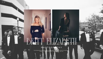 A collage showcases two women posing elegantly and a group of men in tuxedos walking together. The text "Britt Elizabeth Photography" is prominently displayed at the center, exemplifying custom brand and Showit web design for photographers.