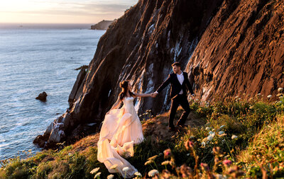 bride and groom in field
