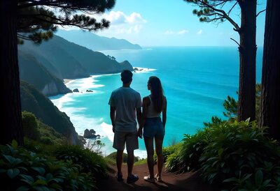 A couple standing on a scenic overlook, gazing at the ocean and rugged coastline, part of a luxury romantic adventure experience in a secluded destination